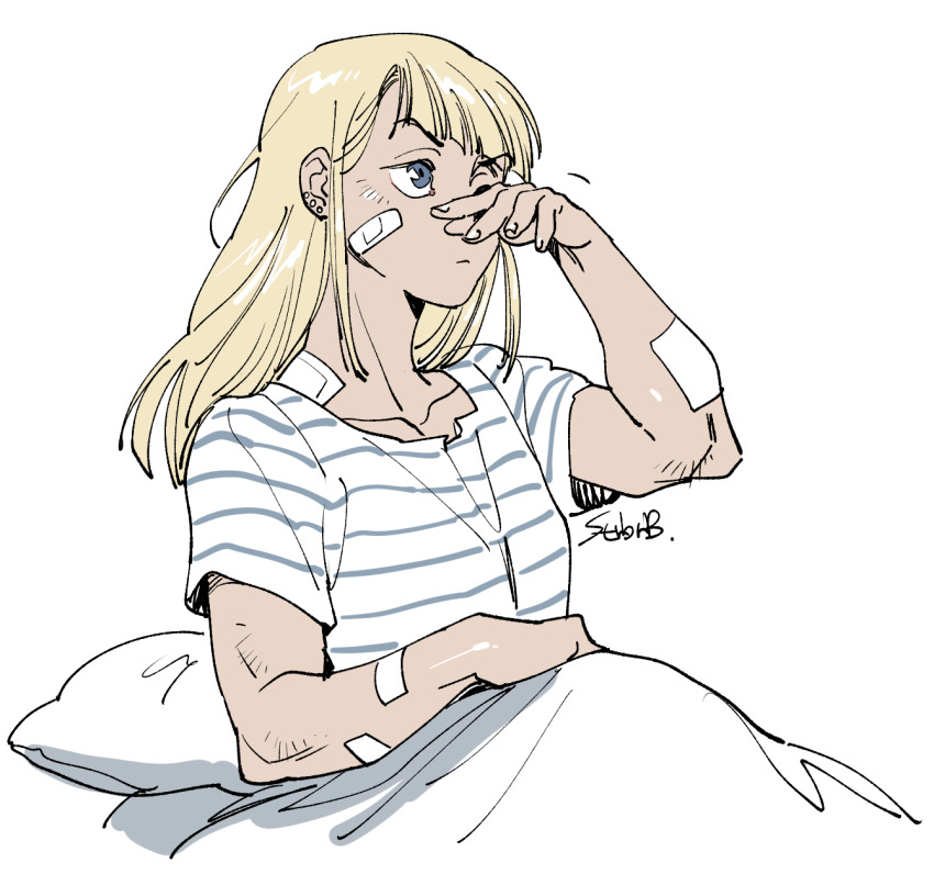 1girl, bandaid, bandaid_on_face, blonde_hair, blue_eyes, hair_down, highres, ichigo_beeru, limited_palette, long_hair, muscular, muscular_female, on_bed, pillow, rubbing_eyes, shirt, short_sleeves, signature, simple_background, solo, striped_clothes, striped_shirt, jasmine_(toshi_densetsu_kaitai_center), toshi_densetsu_kaitai_center, under_covers, white_background
