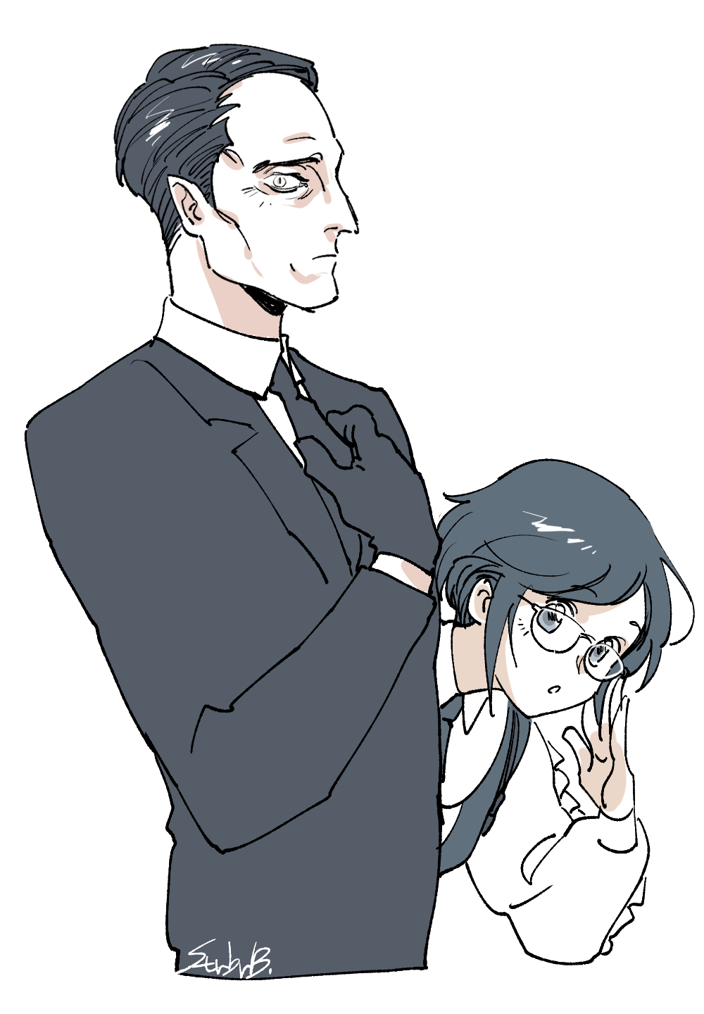 1boy, 1girl, adjusting_clothes, adjusting_eyewear, adjusting_necktie, closed_mouth, collared_shirt, cropped_torso