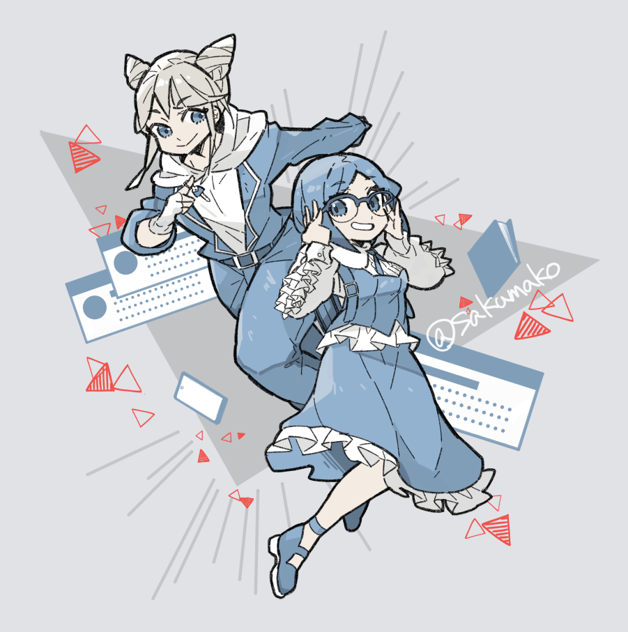 2girls, backpack, bag, collared_shirt, double_bun, drop390_(sakuma), frilled_shirt, frilled_skirt, frilled_sleeves, frills, fukurai_azami, full_body, glasses, grey_background, hair_bun, hands_on_eyewear, hands_up, hood, hood_down, hoodie, jacket, limited_palette, long_sleeves, looking_at_viewer, multiple_girls, open_mouth, pants, shirt, shoes, short_hair, skirt, smile, standing, jasmine_(toshi_densetsu_kaitai_center), toshi_densetsu_kaitai_center, triangle