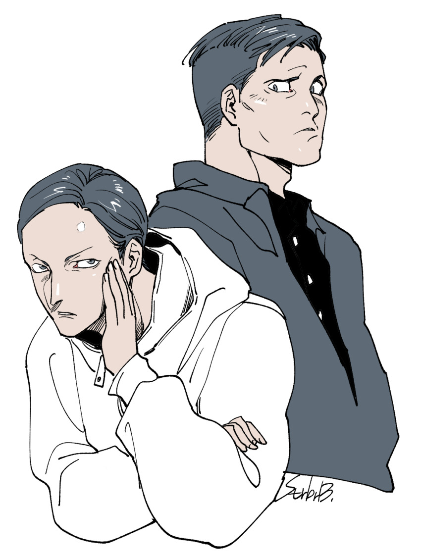 2boys, collared_shirt, commentary_request, cropped_torso, furrowed_brow, hand_on_own_cheek, hand_on_own_face, hand_up