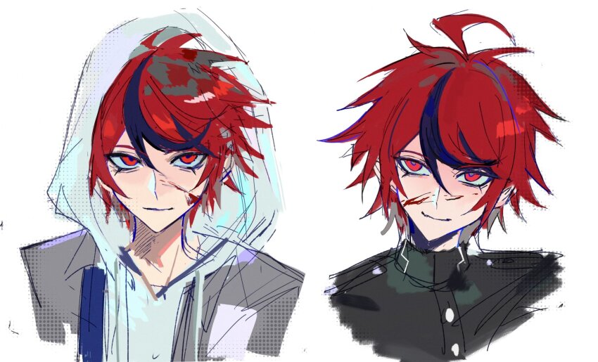 1boy, ahoge, alternate_costume, alternate_eye_color, binxngchng1, blood, blood_on_face, blood_splatter