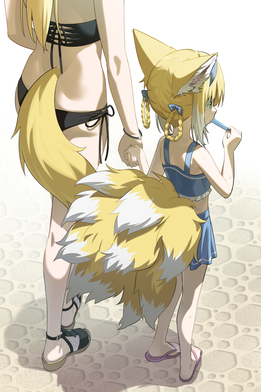 2girls, absurdres, alternate_costume, animal_ears, arknights, bikini, black_bikini, blonde_hair