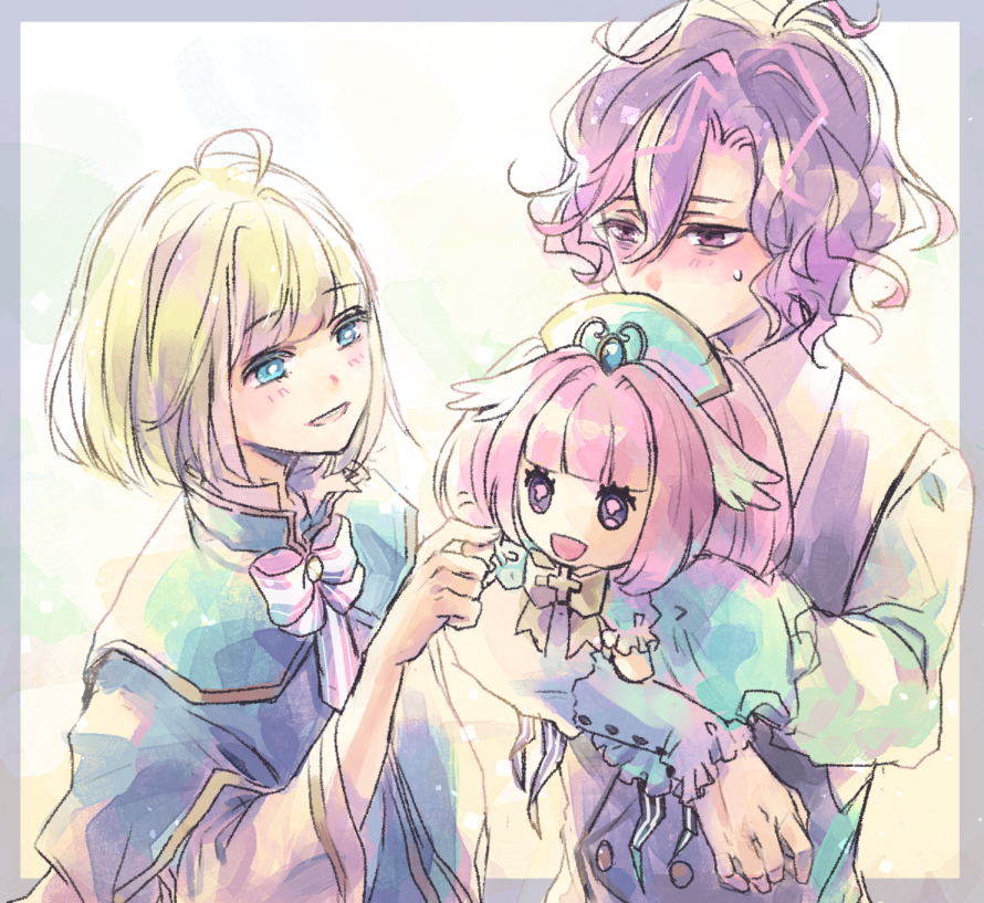 2boys, ahoge, bags_under_eyes, blonde_hair, blue_eyes, brothers, covered_mouth, dame_x_prince