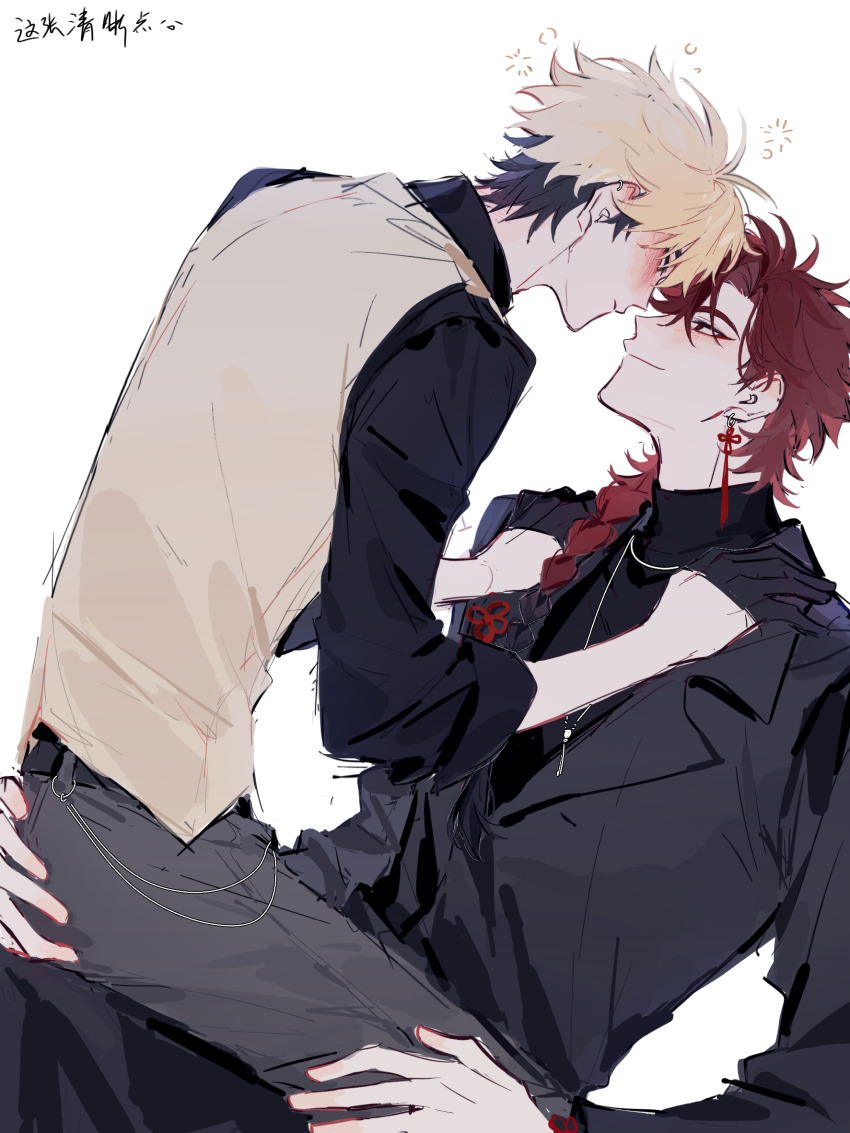 2boys, belt, black_belt, black_gloves, black_hair, black_jacket, black_shirt, blonde_hair