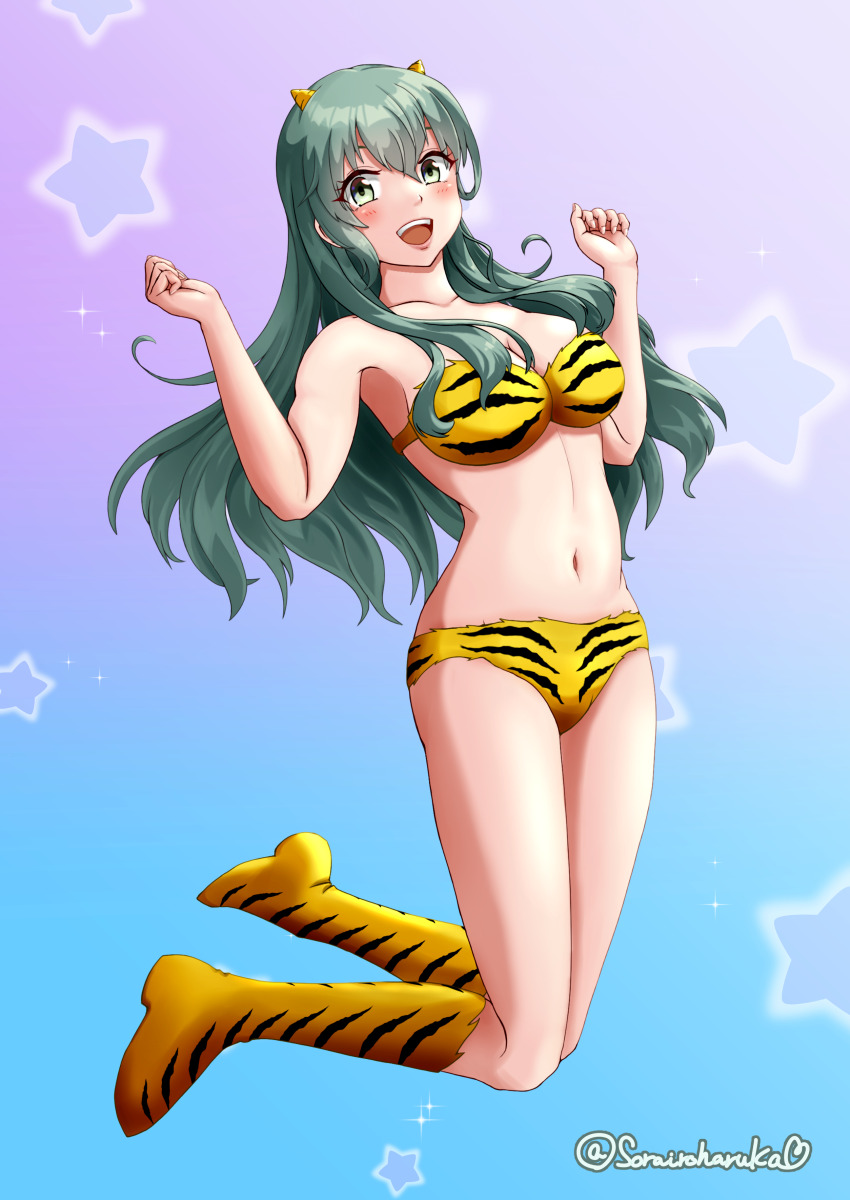 1girl, absurdres, animal_print, bikini, breasts, cone_horns, cosplay, fur_bikini