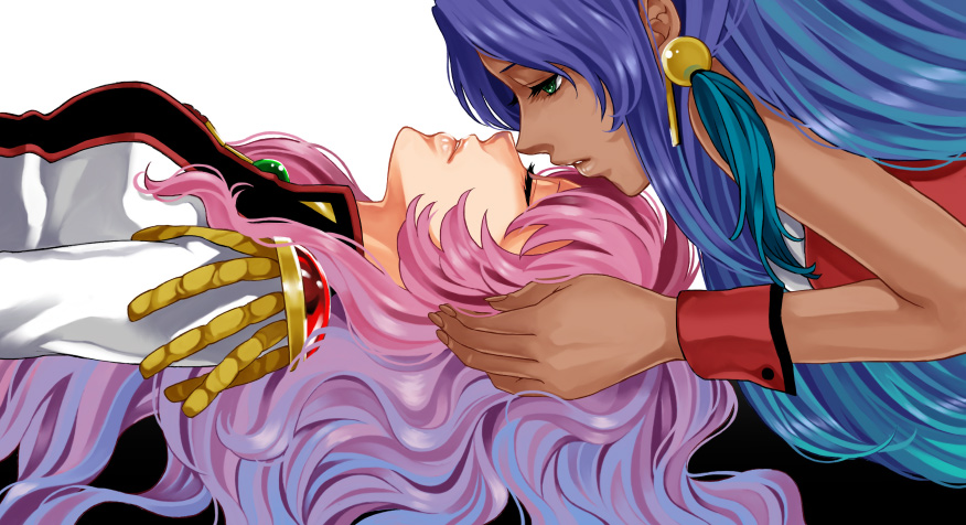 1990s_(style), 2girls, bad_id, bad_pixiv_id, dark_skin, dark-skinned_female, epaulettes, closed_eyes, green_eyes, himemiya_anthy, kitashiba, long_hair, multiple_girls, pink_hair, purple_hair, shoujo_kakumei_utena, shoujo_kakumei_utena_adolescence_mokushiroku, tenjou_utena, wrist_cuffs