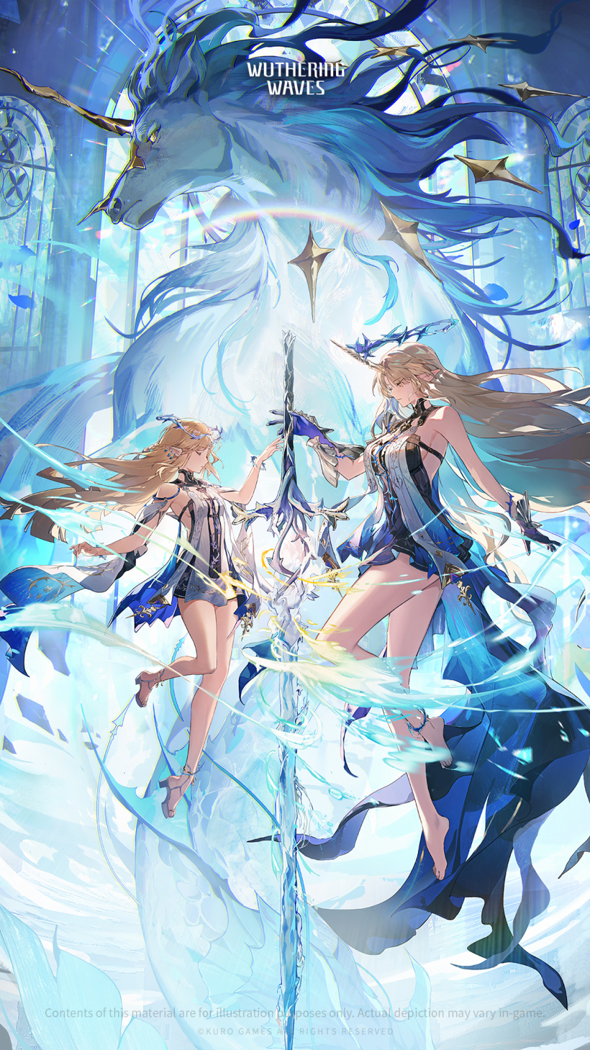 2girls, bare_legs, bare_shoulders, barefoot, black_dress, blonde_hair, breasts, cartethyia_(wuthering_waves)