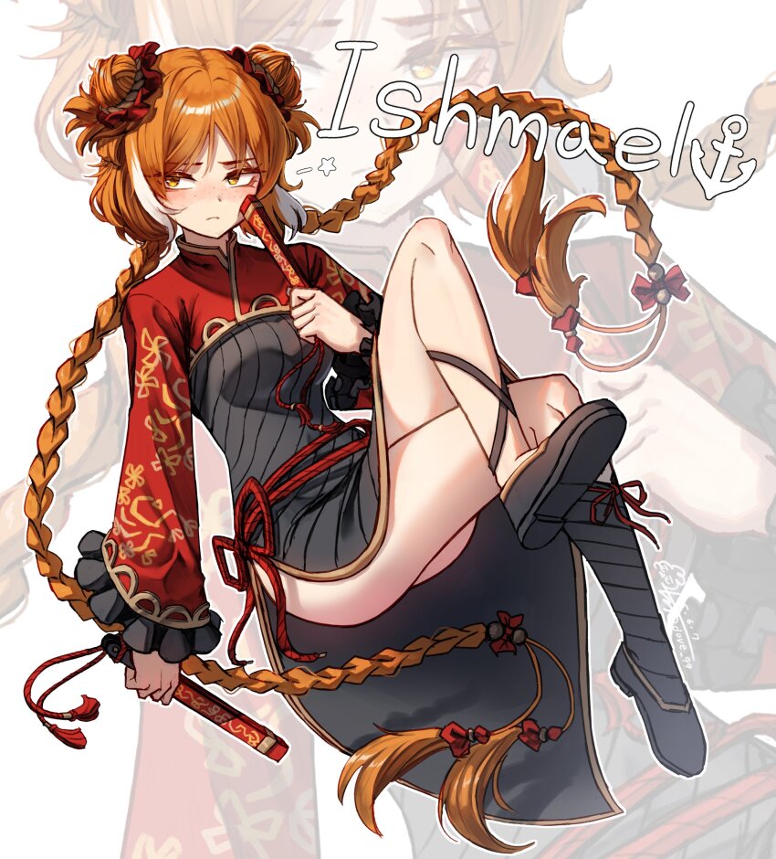 1girl, 99dulgi, absurdres, black_dress, black_shoes, braid, crossed_legs, double_bun