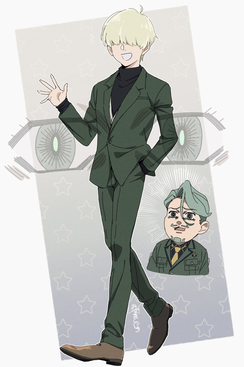 2boys, beard, black_shirt, blonde_hair, blue_eyes, challia_bull, char_aznable, collared_shirt