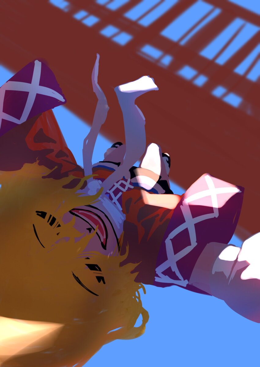 1girl, black_skirt, blonde_hair, blue_sky, blurry, blurry_background, bridge, brown_shirt