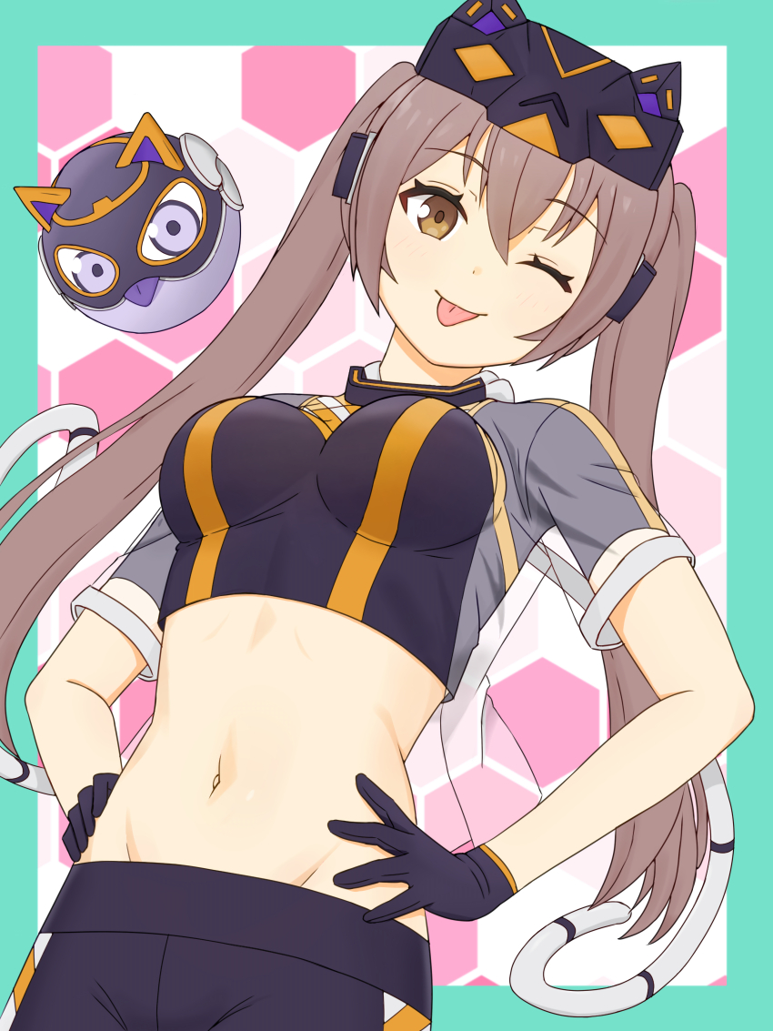 1girl, ;p, absurdres, aqua_border, border, breasts, brown_eyes, brown_hair