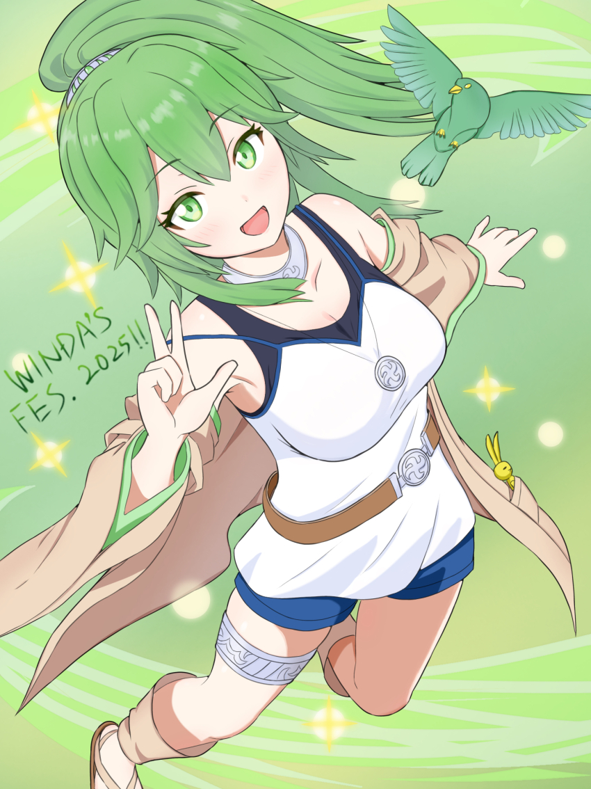 1girl, :d, bare_shoulders, belt, bird, blue_shorts, breasts, brown_belt, brown_coat, cleavage, coat, collar, collarbone, commentary_request, duel_monster, green_background, green_eyes, green_hair, hair_between_eyes, hair_ornament, highres, jackson_(antt3478), jewelry, large_breasts, leg_warmers, long_hair, long_sleeves, looking_at_viewer, medallion, necklace, off_shoulder, open_clothes, open_coat, open_mouth, ponytail, sandals, shirt, short_shorts, shorts, sidelocks, sleeveless, sleeveless_shirt, smile, solo_focus, standing, standing_on_one_leg, stuffed_animal, stuffed_rabbit, stuffed_toy, thighlet, undershirt, v, white_shirt, winda_(yu-gi-oh!), winda_priestess_of_gusto, yu-gi-oh!