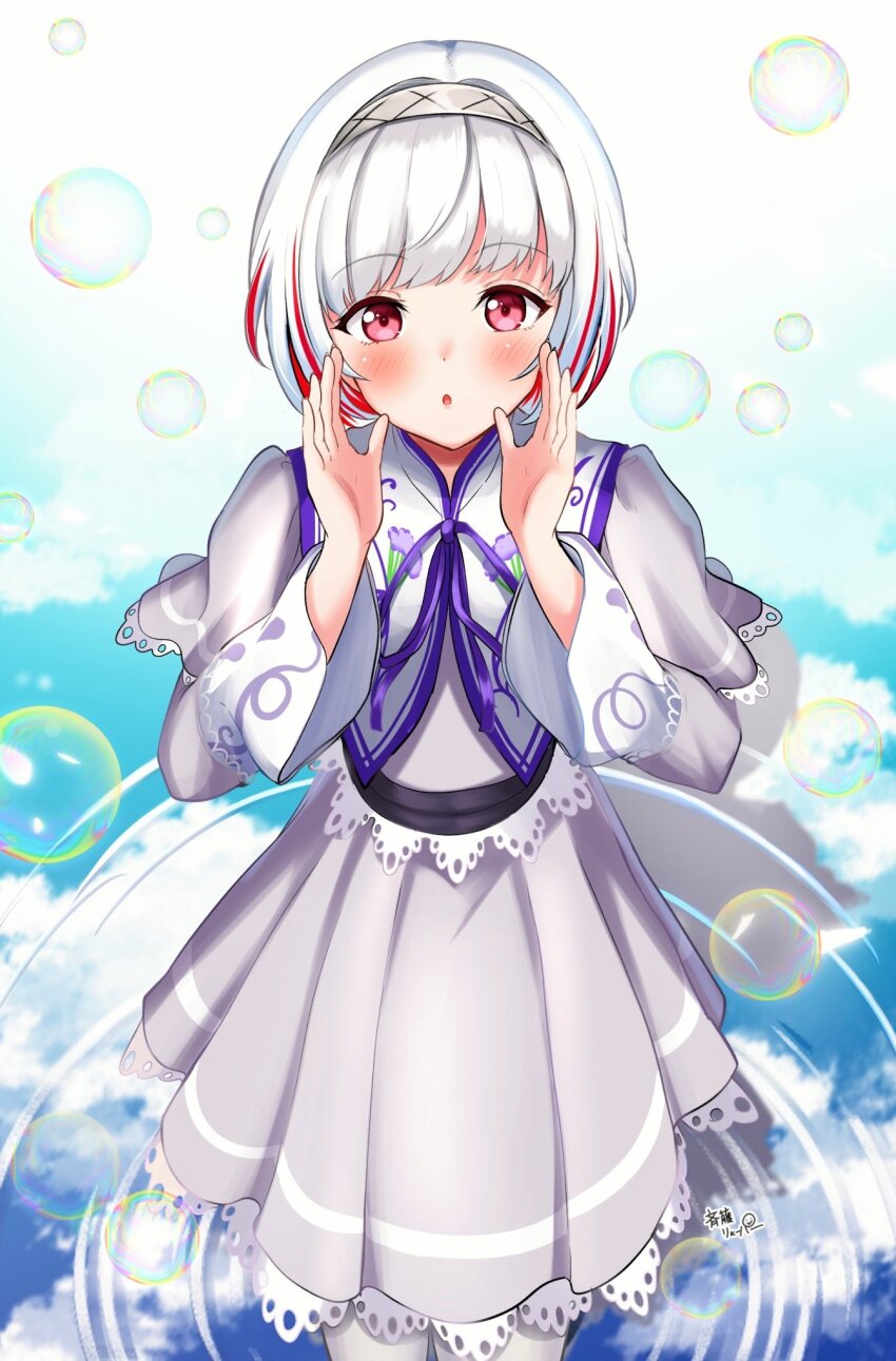 1girl, :o, ao_to_shabon, artist_name, blue_sky, blush, commentary_request, dress, feet_out_of_frame, grey_dress, grey_hairband, hairband, highres, layered_sleeves, link!_like!_love_live!, long_sleeves, looking_at_viewer, love_live!, medium_dress, multicolored_hair, neck_ribbon, official_alternate_costume, pantyhose, parted_lips, purple_ribbon, red_eyes, red_hair, reflection, reflective_liquid, ribbon, ripples, ryopa, short_hair, short_over_long_sleeves, short_sleeves, shouting_with_hands, signature, sky, soap_bubbles, solo, standing, streaked_hair, virtual_youtuber, white_hair, white_pantyhose, yugiri_tsuzuri