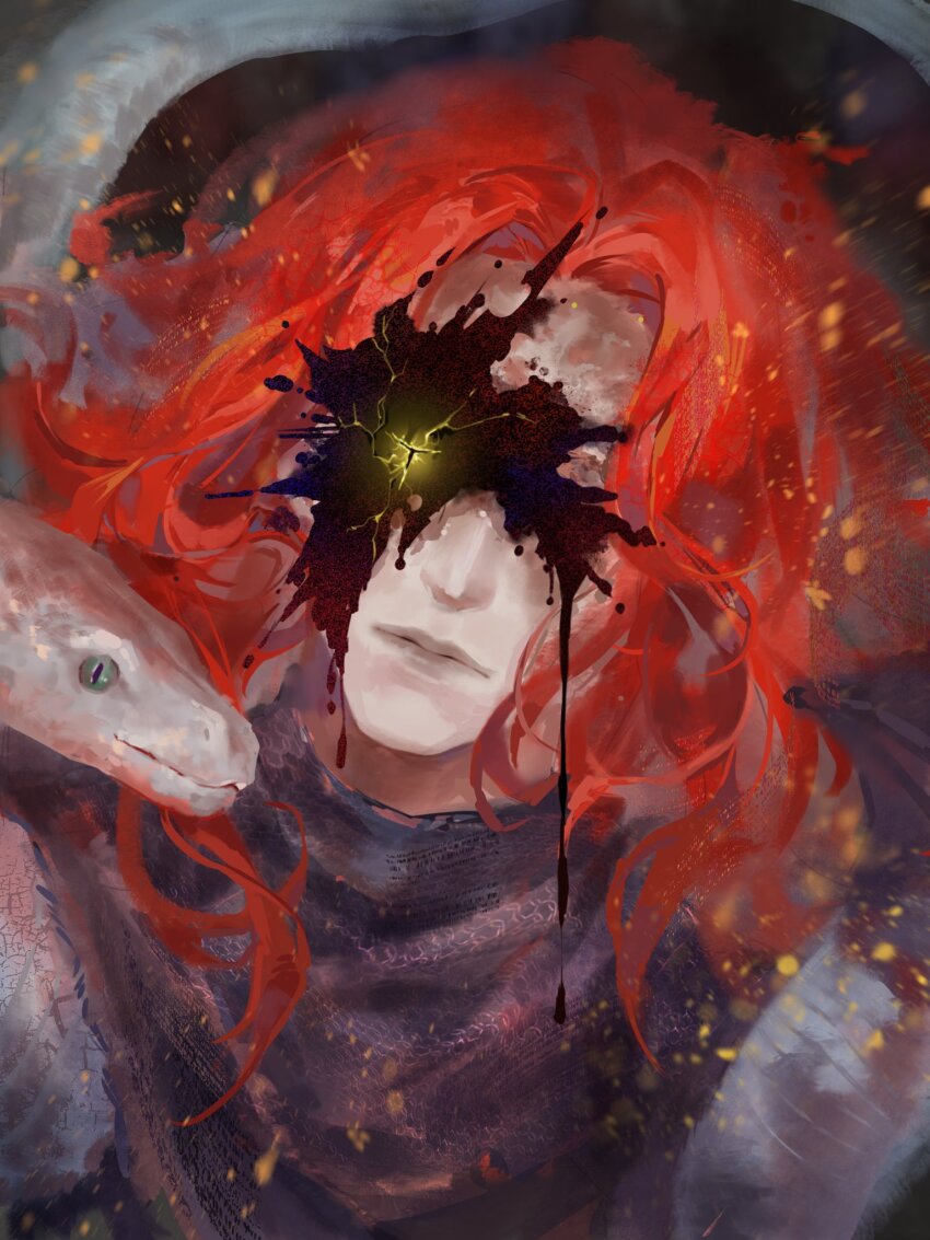 1boy, animal, commentary, curtained_hair, elden_ring, elden_ring:_shadow_of_the_erdtree, hashtag-only_commentary, highres, laozjiujiaolaoz, long_hair, male_focus, messmer_the_impaler, parted_lips, red_hair, shawl, slit_pupils, snake, solo, upper_body, white_snake