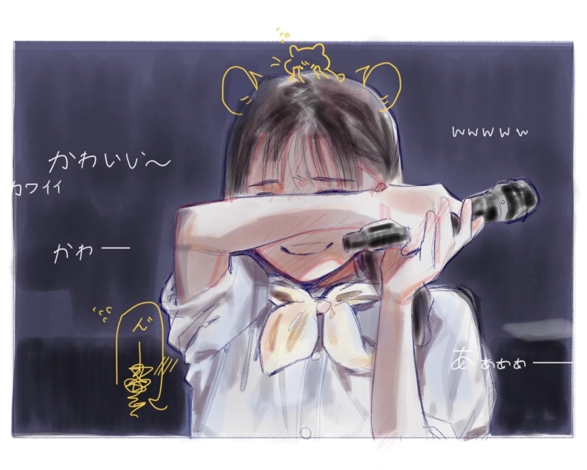 1girl, animification, black_background, black_hair, blunt_bangs, blush, closed_mouth, colored_speech_bubble