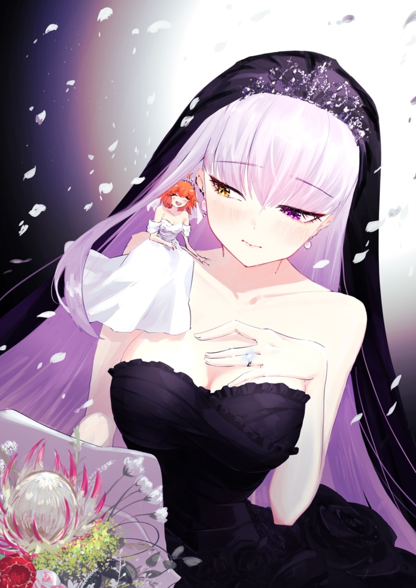 2girls, bare_arms, bare_shoulders, black_dress, bouquet, breasts, bridal_veil, cleavage
