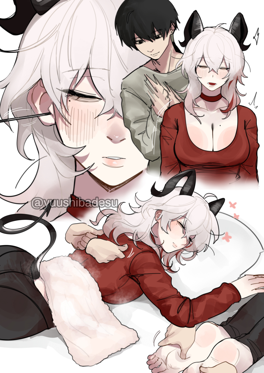 1boy, 1girl, absurdres, alternate_costume, bags_under_eyes, black_eyes, black_hair, black_horns