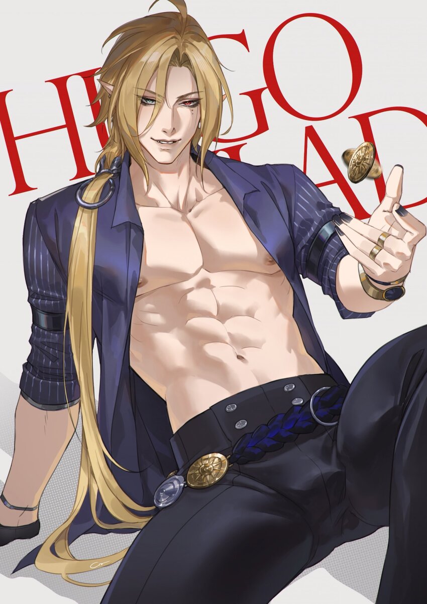 1boy, abs, ahoge, black_gloves, black_nails, black_pants, blonde_hair, blue_shirt