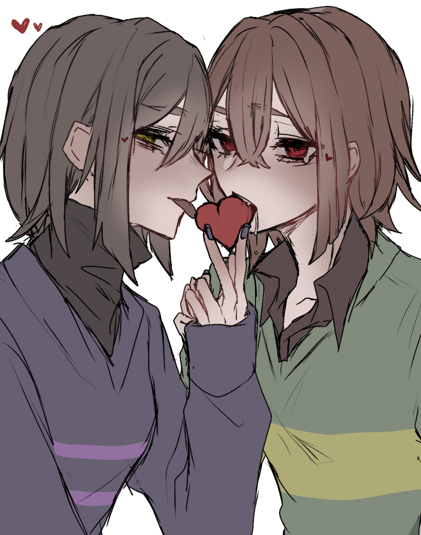 2others, absurdres, animification, black_hair, black_shirt, brown_hair, chara_(undertale), collared_shirt, commentary_request, drooling, fang, fingernails, frisk_(undertale), green_sweater, hair_between_eyes, hand_up, heart, highres, holding, long_sleeves, looking_at_viewer, mo_11220088, multiple_others, nail_polish, open_mouth, other_focus, other_with_other, puffy_long_sleeves, puffy_sleeves, purple_nails, purple_sweater, red_eyes, shirt, short_hair, simple_background, single_stripe, smile, striped_clothes, striped_sweater, sweater, teeth, tongue, tongue_out, turtleneck, turtleneck_sweater, undertale, upper_body, utdr_(toby_fox), white_background, yellow_eyes