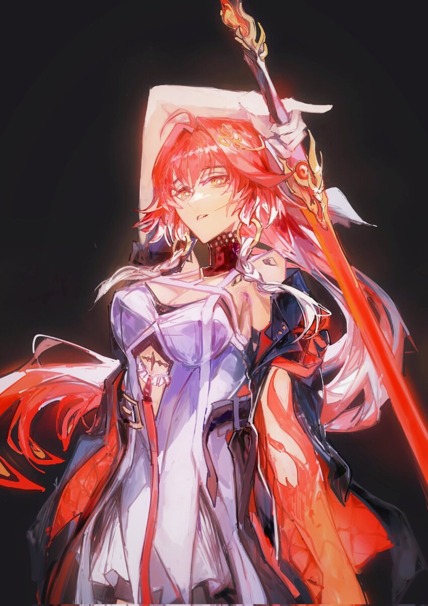 1girl, ahoge, black_collar, black_jacket, body_markings, braid, breasts, changli_(wuthering_waves)