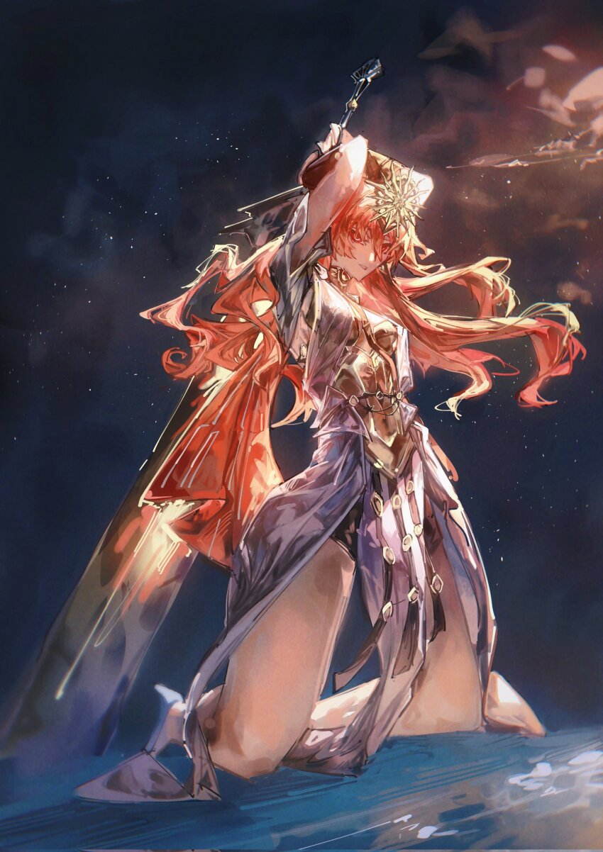 1girl, ancient_greek_clothes, armor, augusta_(wuthering_waves), breastplate, breasts, commentary, dress, greatsword, greco-roman_clothes, hachi_shoku_mare, hair_spread_out, headgear, highres, holding, holding_above_head, holding_sword, holding_weapon, kneeling, long_hair, medium_breasts, parted_lips, red_eyes, red_hair, solo, sword, weapon, white_dress, wuthering_waves