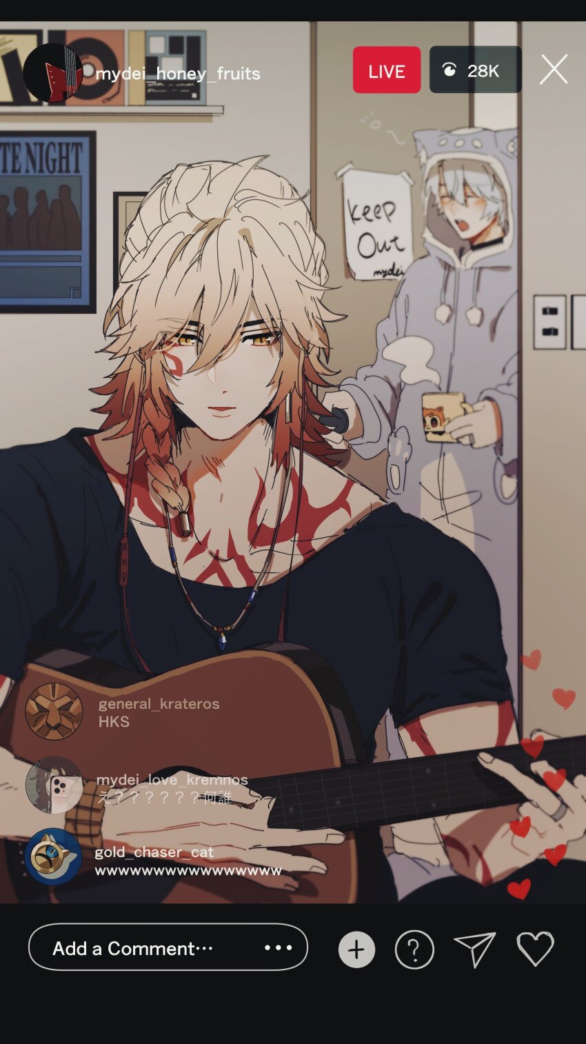 2boys, absurdres, animal_hood, arm_tattoo, black_choker, black_shirt, blonde_hair, blue_pajamas