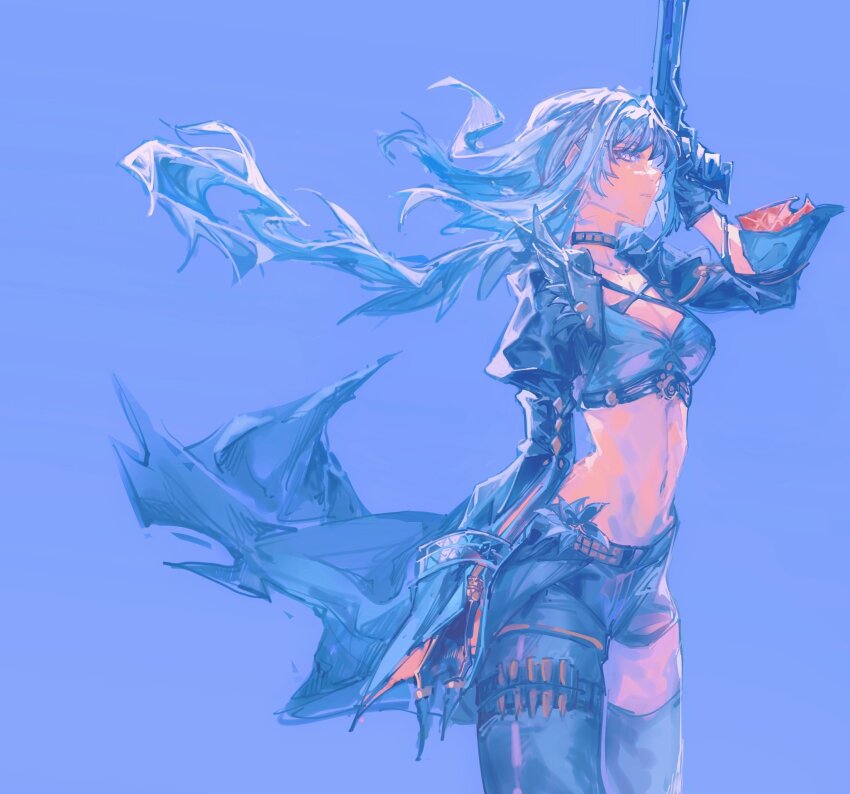 1girl, asymmetrical_clothes, black_choker, black_gloves, black_jacket, black_pants, black_thighhighs, blue_background