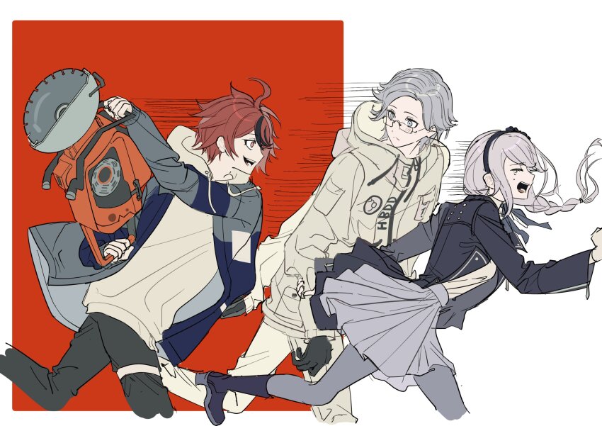 1girl, 2boys, ahoge, aotsuki_eito, black_boots, black_gloves, black_hairband, black_jacket