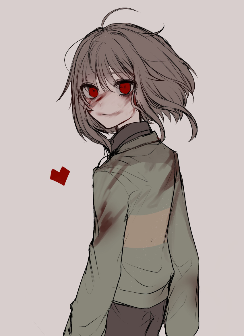 1other, absurdres, animification, back, blood, blood_on_clothes, blood_on_face, brown_hair, brown_pants, chara_(undertale), closed_mouth, commentary_request, cowboy_shot, floating_hair, from_behind, green_sweater, hair_between_eyes, heart, highres, implied_murder, long_sleeves, looking_at_viewer, looking_back, mo_11220088, other_focus, pants, puffy_long_sleeves, puffy_sleeves, red_eyes, short_hair, simple_background, single_stripe, solo, standing, striped_clothes, striped_sweater, sweater, undertale, utdr_(toby_fox), white_background