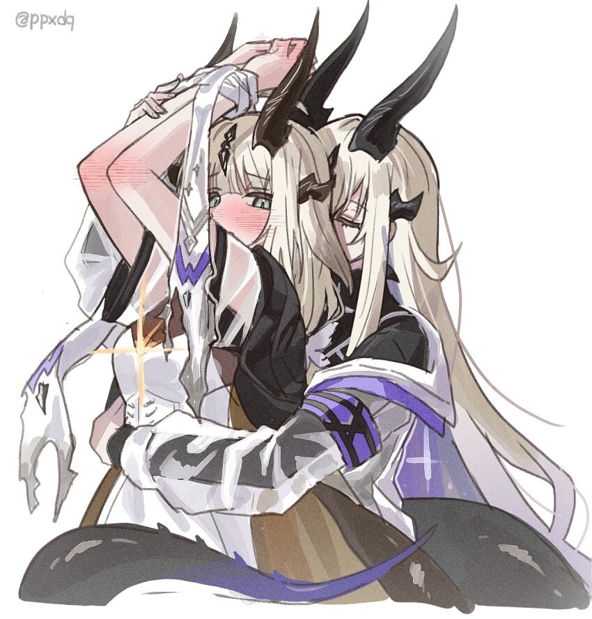 2girls, arknights, arm_up, armband, arms_up, black_coat, black_horns, black_tail