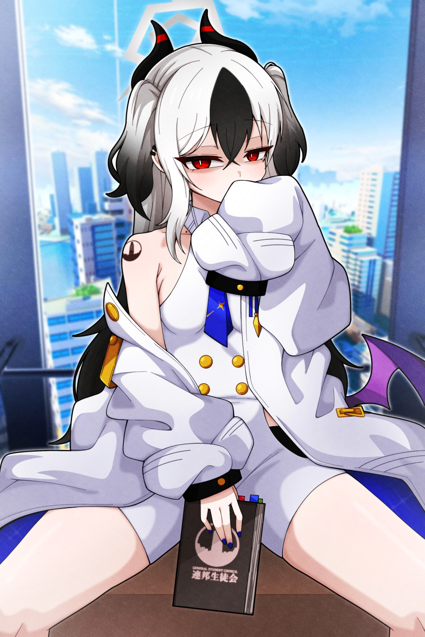 1girl, absurdres, alternate_costume, alternate_hairstyle, blue_archive, book, collarbone, cosplay, crossed_bangs, demon_girl, demon_horns, demon_wings, dress, hair_between_eyes, highres, holding, holding_book, horns, jacket, kayoko_(blue_archive), long_hair, looking_at_viewer, manli, mole, mole_on_collarbone, momoka_(blue_archive), momoka_(blue_archive)_(cosplay), shoulder_tattoo, sidelocks, single_bare_shoulder, single_sleeve_past_fingers, single_wing, solo, sumomo_(blue_archive), sumomo_(blue_archive)_(cosplay), tattoo, two_side_up, white_dress, white_jacket, wings