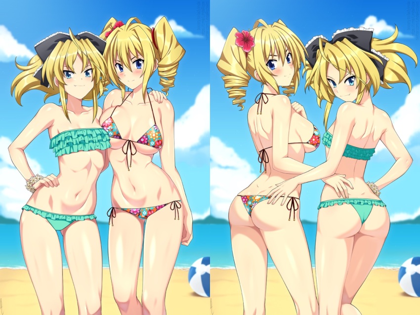 2girls, ass, ball, beach, beachball, bikini, blonde_hair, blue_eyes, bracelet, butt_crack, collage, color_connection, drill_hair, female_focus, flat_chest, flower, flower_bracelet, hair_color_connection, hair_flower, hair_ornament, hand_on_own_hip, high_school_dxd, highres, jewelry, lindaroze, mittelt, multiple_girls, navel, ravel_phenex, ribbon, side-tie_bikini_bottom, swimsuit, trait_connection