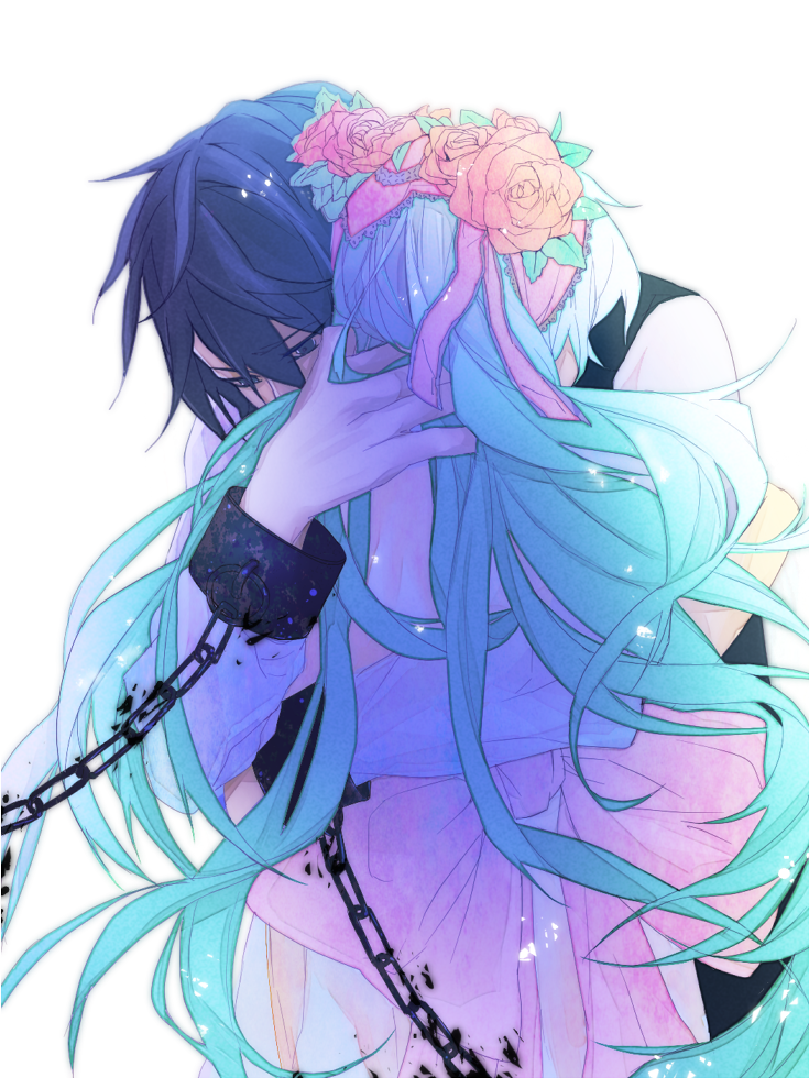 1boy, 1girl, akutoku_no_judgement_(vocaloid), aqua_hair, blue_eyes, blue_hair, chain, cuffs, evillious_nendaiki, father_and_child, father_and_daughter, flower, gallerian_marlon, hair_flower, hair_ornament, hair_ribbon, hakoniwa_no_shoujo_(vocaloid), hatsune_miku, hetero, hug, kaito_(vocaloid), long_hair, michelle_marlon, parent_and_child, ribbon, shackles, simple_background, very_long_hair, vocaloid, white_background