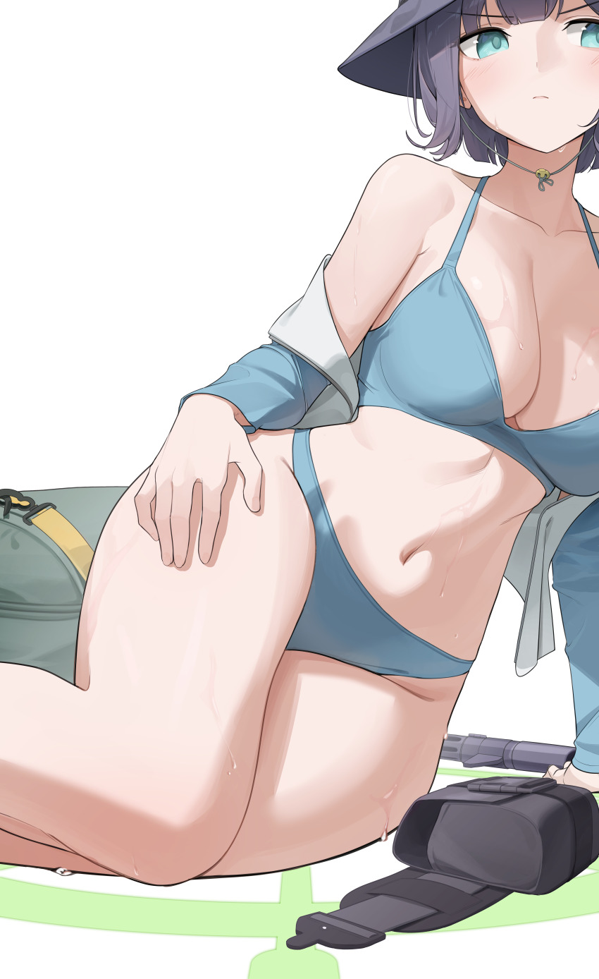 1girl, absurdres, aqua_eyes, bag, bare_shoulders, bikini, blue_archive, blue_bikini