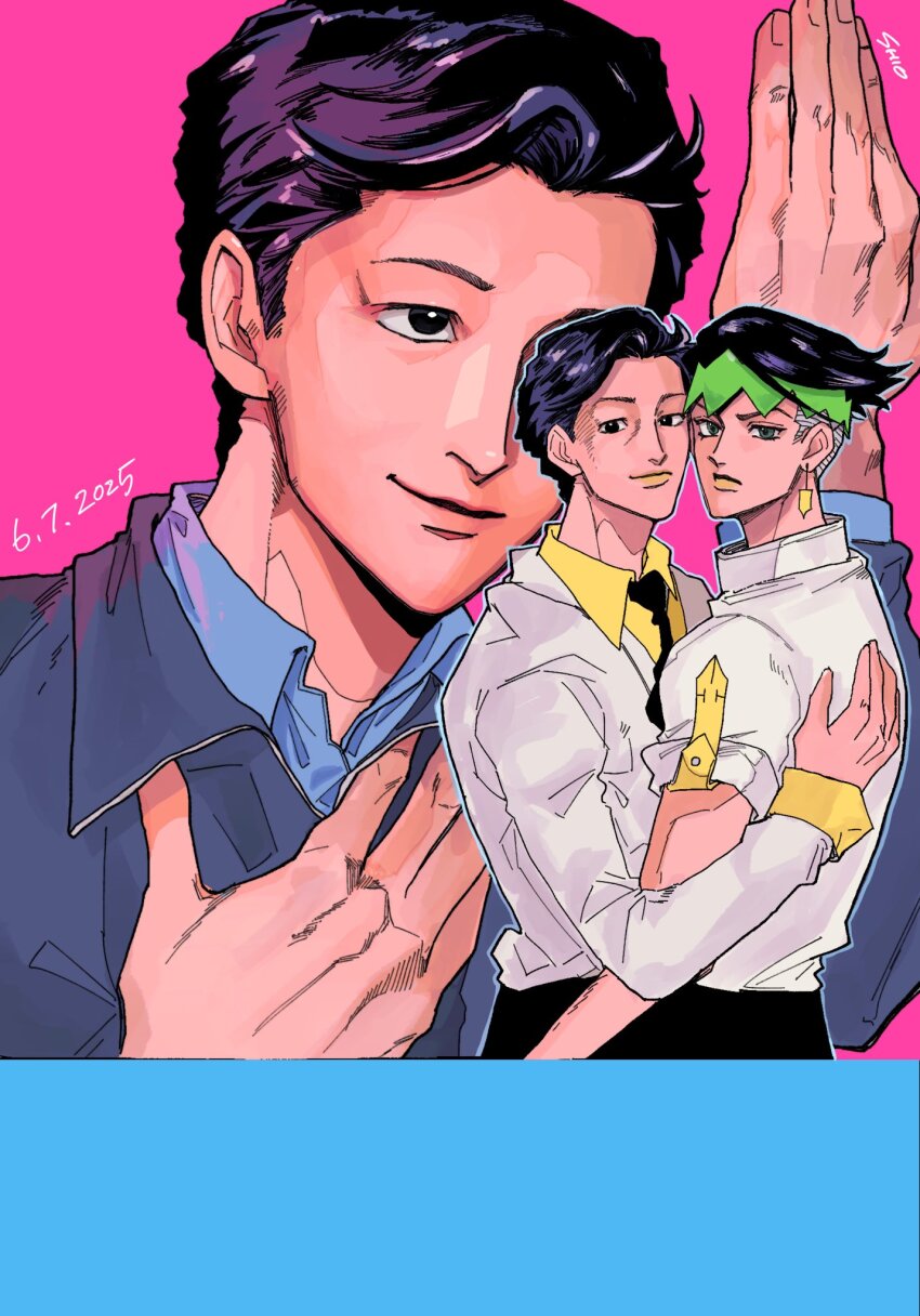 99g_q, araki_hirohiko_(person), black_eyes, black_necktie, blue_border, blue_jacket, blue_shirt, border