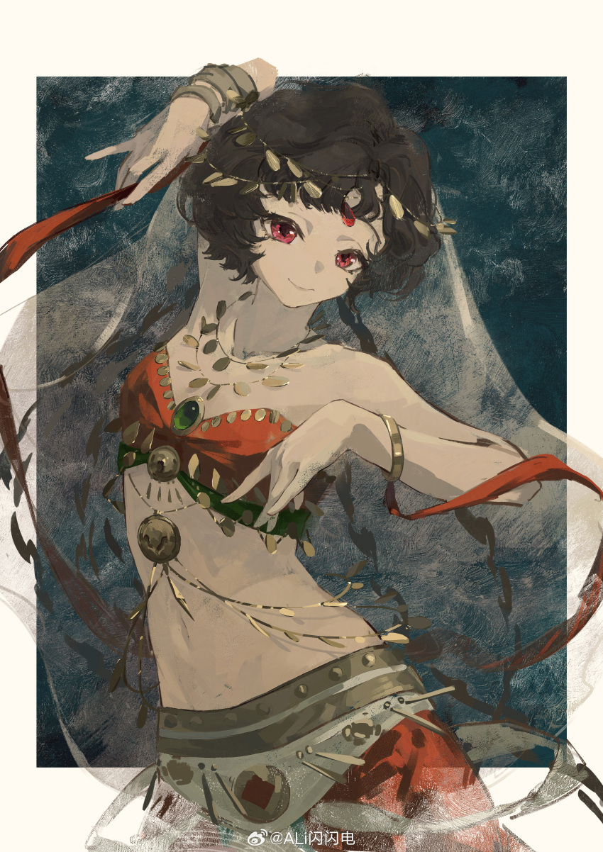 1girl, absurdres, ali_shanshandian, alternate_costume, bare_arms, black_background, black_hair, border, bracelet, closed_mouth, facial_mark, forehead_mark, hair_ornament, harem_outfit, highres, jewelry, looking_at_viewer, navel, outside_border, red_eyes, red_tube_top, reverse:1999, schneider_(reverse:1999), see-through_clothes, see-through_veil, short_hair, smile, solo, stomach, strapless, tube_top, upper_body, veil, watermark, weibo_watermark, white_border