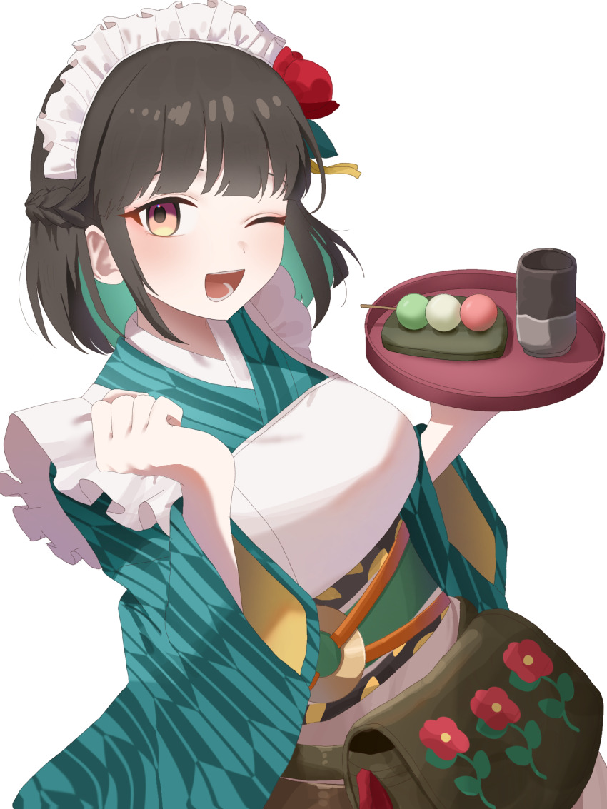 ;d, apron, brown_hair, colored_inner_hair, cup, dango, flower, food