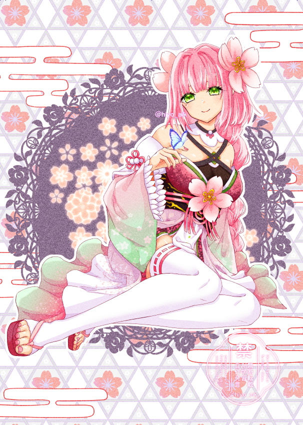 1girl, bare_shoulders, breasts, bug, butterfly, butterfly_on_hand, cleavage, closed_mouth