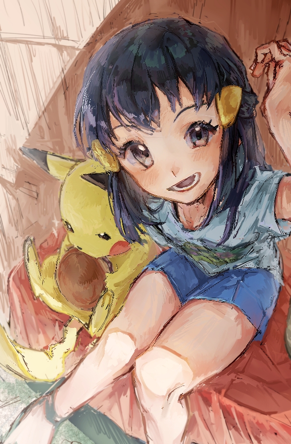 1girl, :d, akari_(pokemon), akebwanwan, arm_up, black_hair, blue_shorts, commentary_request
