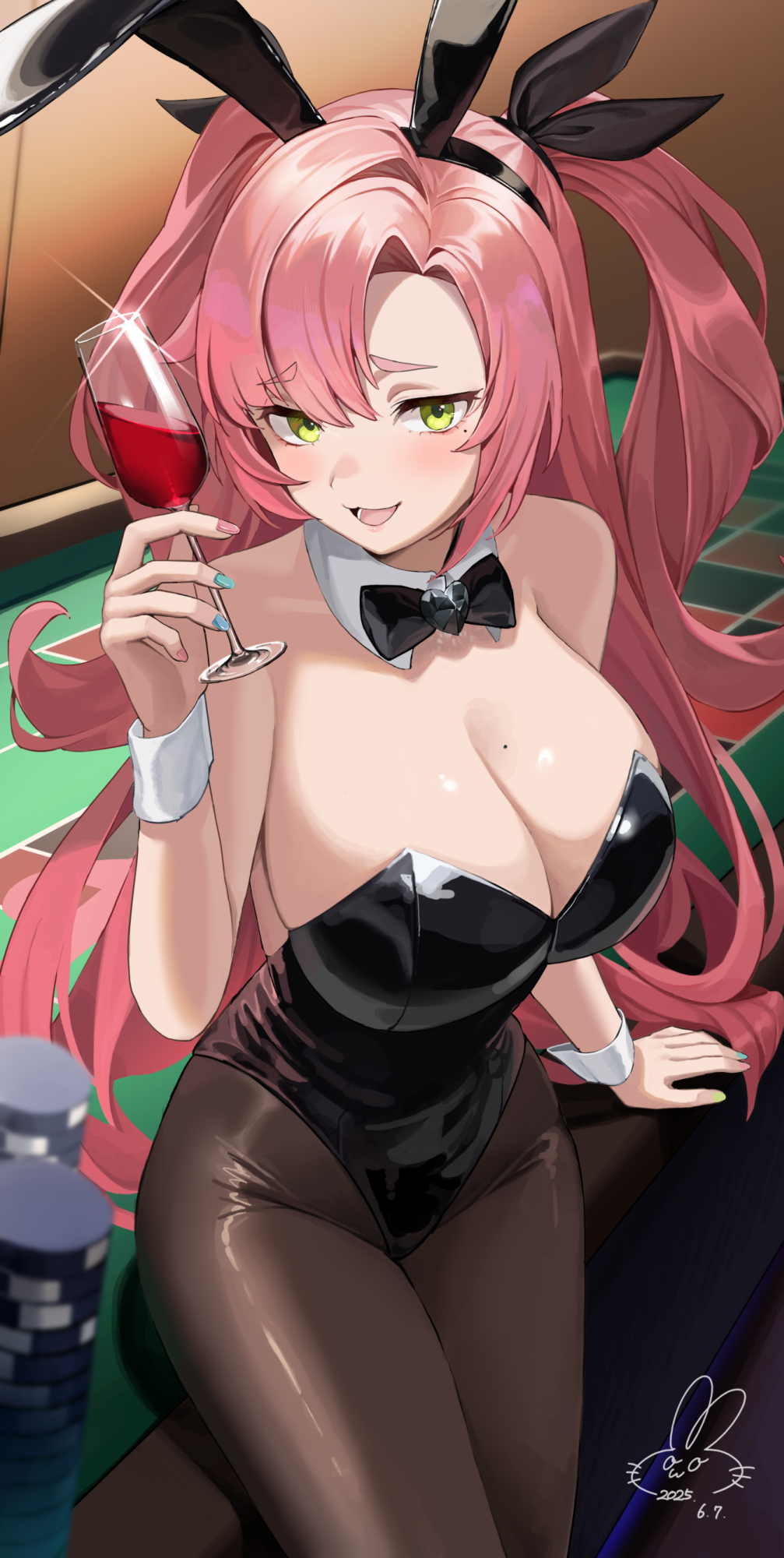 1girl, animal_ear_hairband, animal_ears, awa_(awao141), black_bow, black_bowtie, black_leotard, bow, bowtie, breasts, cup, detached_collar, drinking_glass, fake_animal_ears, green_eyes, hairband, highres, holding, holding_cup, leotard, long_hair, mole, mole_on_breast, mole_under_eye, nicole_demara, pantyhose, pink_hair, playboy_bunny, poker_chip, poker_table, rabbit_ear_hairband, rabbit_ears, solo, table, two_side_up, very_long_hair, wine_glass, wrist_cuffs, zenless_zone_zero