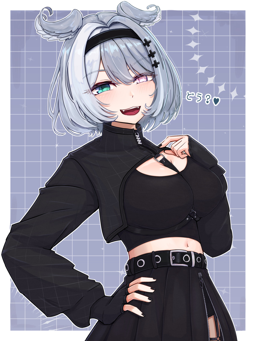 1girl, aqua_eyes, asuka-halhal, black_nails, blue_hair, breasts, chest_harness, cleavage, cowboy_shot, elira_pendora, elira_pendora_(goth), fangs, hair_intakes, hand_on_own_chest, hand_on_own_hip, harness, head_wings, heart, heterochromia, highres, large_breasts, looking_at_viewer, medium_hair, midriff, navel, nijisanji, nijisanji_en, open_mouth, pleated_skirt, purple_eyes, skirt, smile, solo, spoken_heart, translated, virtual_youtuber, wings