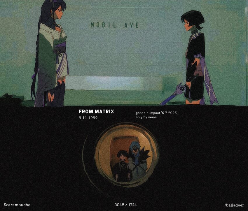 1girl, 2boys, alternate_skin_color, arm_at_side, ascot, black_eyes, black_hair, black_kimono, black_mask, black_shorts, black_shrug, black_sleeves, black_thighhighs, blue_ascot, blue_hair, blunt_ends, braid, character_name, chinese_knot, coat, copyright_name, dark-skinned_female, dark-skinned_male, dark_skin, dottore_(genshin_impact), eye_mask, fake_date, feather-trimmed_coat, film_grain, flower, frilled_sleeves, frills, furisode, genshin_impact, hair_flower, hair_ornament, hair_tie, heavy_film_grain, highres, holding, holding_sword, holding_weapon, japanese_clothes, juban, kimono, kimono_skirt, layered_sleeves, long_hair, long_sleeves, looking_at_another, looking_at_viewer, low-braided_long_hair, low-tied_long_hair, mask, mother_and_child, mother_and_son, multiple_boys, musou_isshin_(genshin_impact), obi, onlybyveins, parent_and_child, parody_request, pov_peephole, purple_flower, purple_rope, purple_sash, purple_sleeves, raiden_shogun, red_kimono, red_sash, rope, sash, scaramouche_(genshin_impact), shimenawa, short_sleeves, shorts, shrug_(clothing), sidelocks, skirt, sword, tassel, tassel_hair_ornament, thighhighs, weapon, white_coat, white_kimono, white_rope, white_skirt