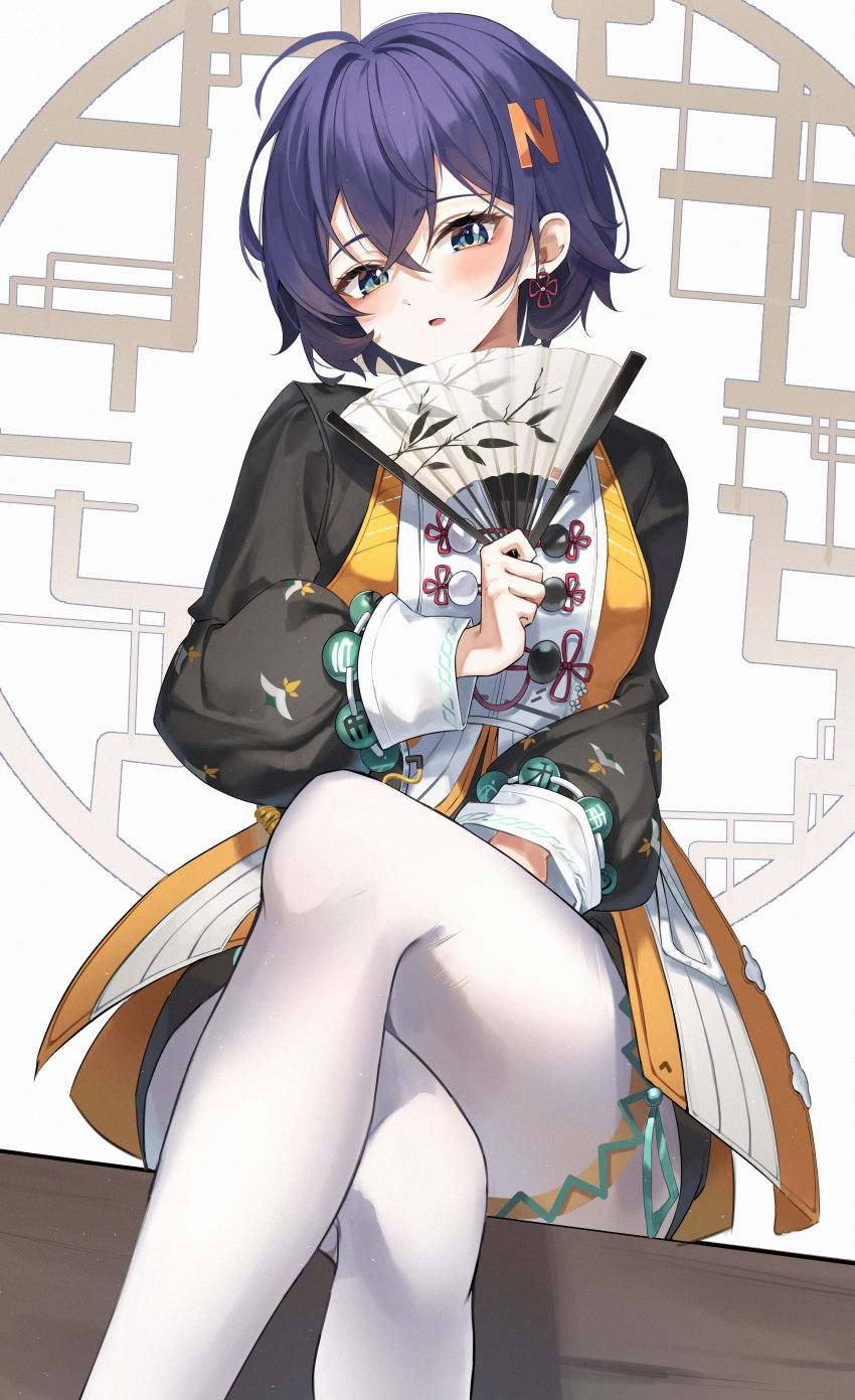 1girl, absurdres, alphabet_blocks, belle_(delicate_sunlight)_(zenless_zone_zero), belle_(zenless_zone_zero), blue_eyes, blue_hair, breasts, chinese_clothes, crossed_legs, earrings, hair_between_eyes, hair_ornament, hand_fan, highres, holding, holding_fan, jewelry, kimae, long_sleeves, looking_at_viewer, medium_breasts, medium_hair, official_alternate_costume, pantyhose, parted_lips, short_hair, sitting, solo, white_background, white_pantyhose, zenless_zone_zero
