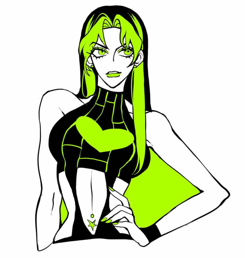 1girl, alternate_hairstyle, clamchowder55, commentary_request, earrings, eyelashes, green_hair, green_lips