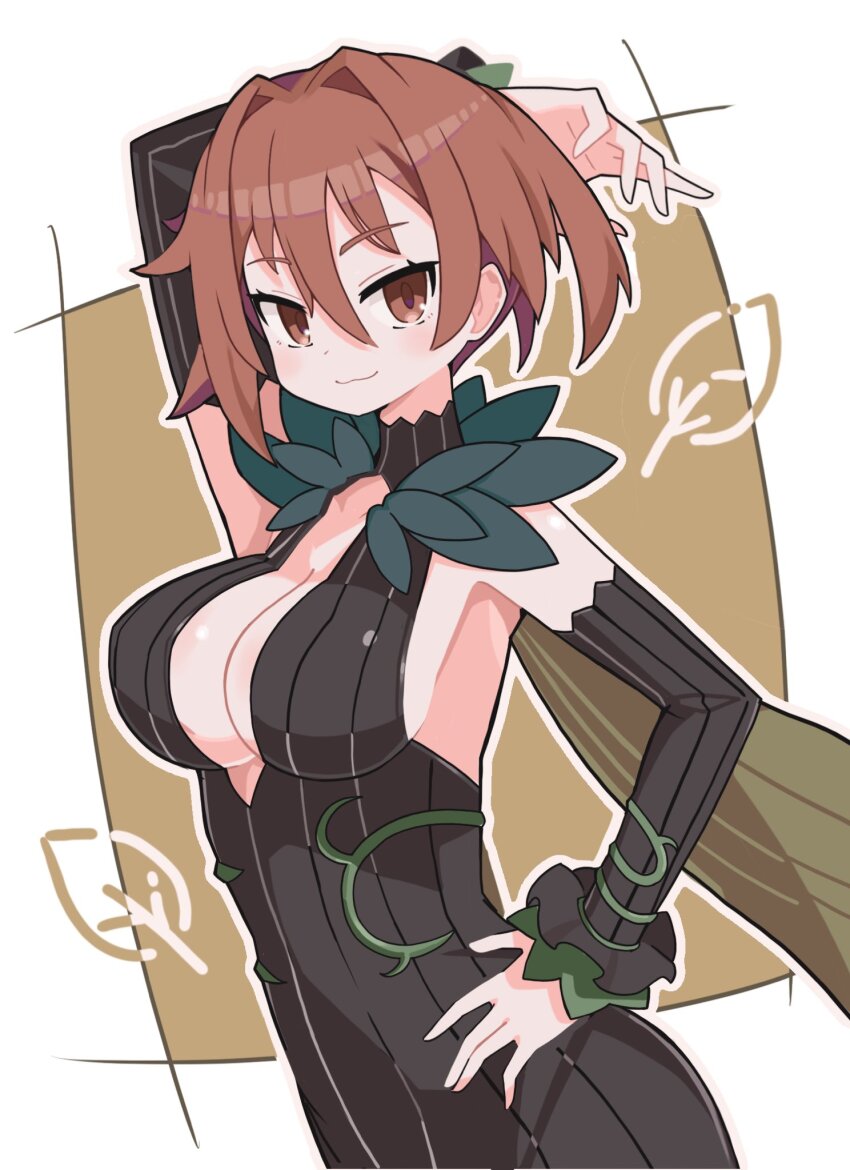 1girl, arm_up, black_dress, black_sleeves, blush, border, breasts, brown_background, brown_eyes, brown_hair, cleavage, cleavage_cutout, closed_mouth, clothing_cutout, commentary, cowboy_shot, detached_sleeves, dress, hair_between_eyes, hand_on_own_hip, highres, large_breasts, looking_at_viewer, majo_to_hyakkihei, malia, outline, outside_border, short_hair, sleeveless, sleeveless_dress, smile, solo, suaman, white_border, white_outline
