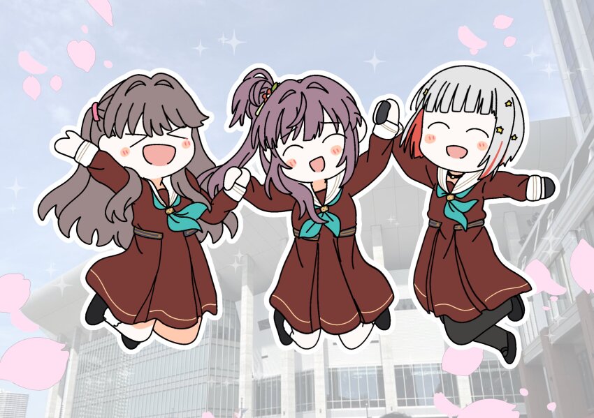 >_<, 3girls, :d, aqua_neckerchief, arms_up, black_gloves, black_pantyhose, black_shoes, blush, brown_dress, brown_hair, colored_inner_hair, commentary_request, deformed, dress, falling_petals, flower, fujishima_megumi, full_body, gloves, grey_hair, hair_bun, hair_flower, hair_ornament, half_gloves, hasu_no_sora_school_uniform, highres, k-arena_yokohama, link!_like!_love_live!, long_hair, long_sleeves, love_live!, multicolored_hair, multiple_girls, neckerchief, open_mouth, otomune_kozue, outline, pantyhose, petals, photo_background, pink_petals, purple_hair, raised_inner_eyebrows, red_flower, red_hair, sailor_collar, sailor_dress, school_uniform, shoes, short_hair, side_ponytail, sidelocks, single_side_bun, smile, socks, star_(symbol), star_hair_ornament, streaked_hair, tassel, tassel_hair_ornament, two_side_up, virtual_youtuber, watage_modoki, white_outline, white_sailor_collar, white_socks, xd, yugiri_tsuzuri