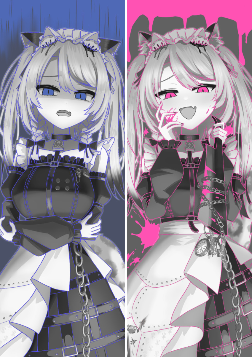 2girls, animal_ears, aqua_streaks, braid, braided_sidelocks, cross-laced_clothes, cross-laced_sleeves, dessert