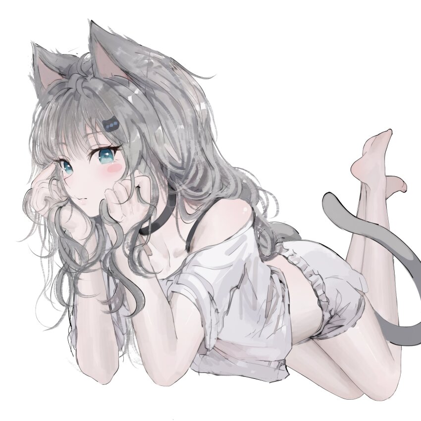 1girl, absurdres, animal_ears, barefoot, black_choker, blue_eyes, cat_ears, cat_girl