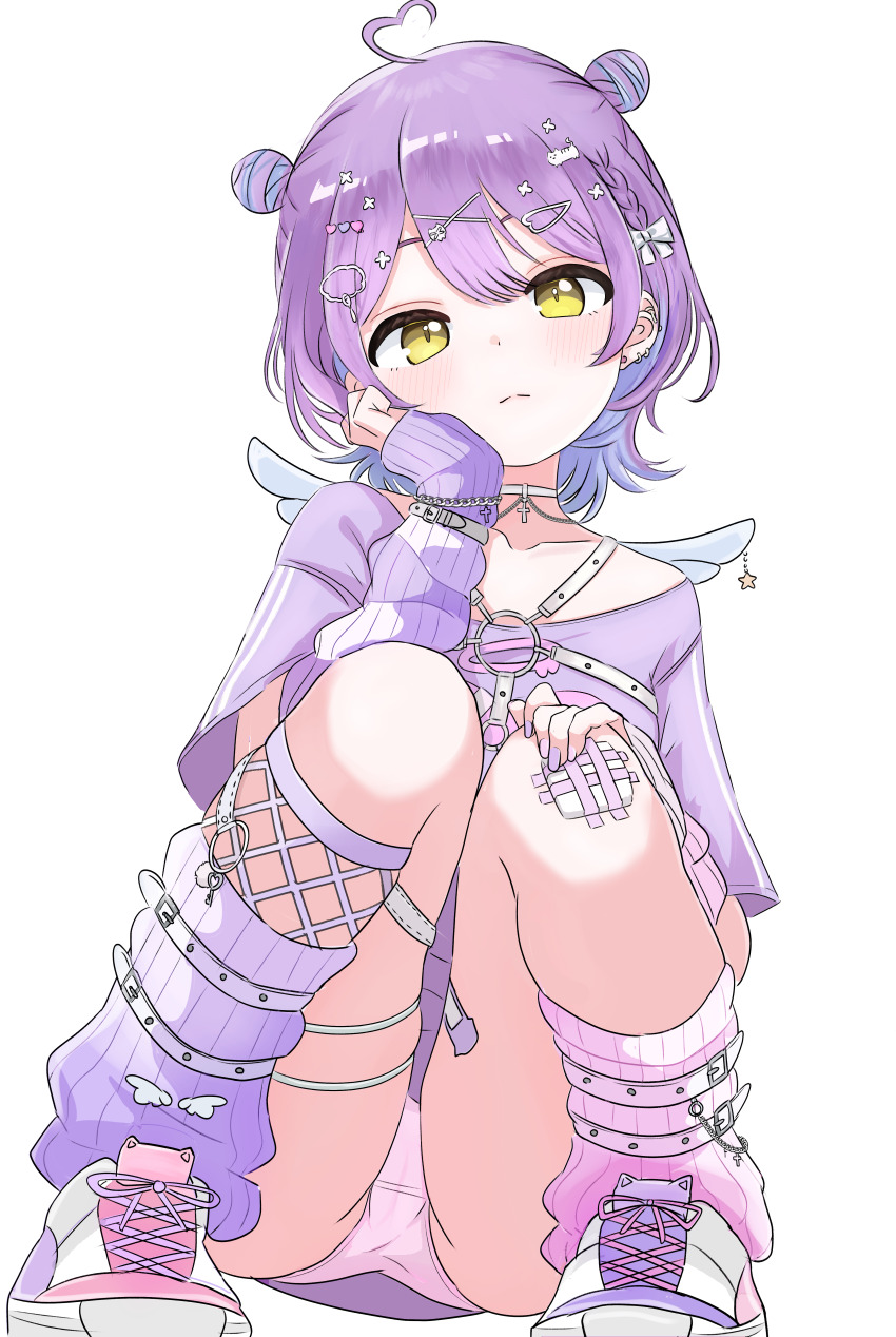 1girl, absurdres, ahoge, arm_warmers, bandaid, bandaid_on_leg, blush, bow, braid, chest_harness, choker, closed_mouth, double_bun, ear_piercing, gauze_on_knee, hair_bow, hair_bun, hair_ornament, hairclip, harness, heart, heart_ahoge, highres, leg_warmers, looking_at_viewer, panties, piercing, pink_panties, purple_hair, purple_shirt, shinomiya_runa, shinomiya_runa_(4th_costume), shirt, shoes, simple_background, solo, squatting, underwear, virtual_youtuber, vspo!, white_background, white_bow, white_choker, white_wings, wings, yamaoka_remu, yellow_eyes