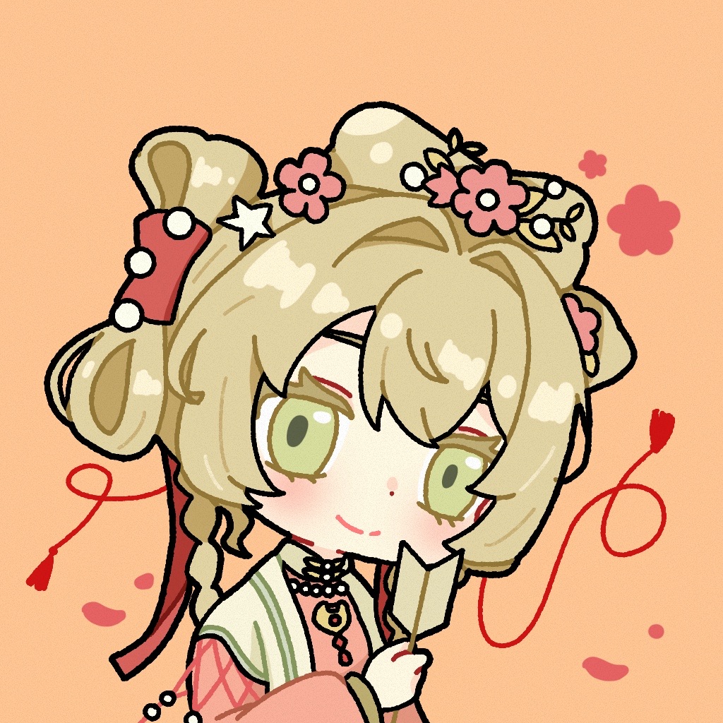1girl, blonde_hair, braid, chibi, chinese_clothes, flower, green_eyes, hair_flower